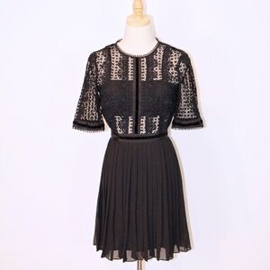 REISS Athena Lace Top Bodice Pleated A-Line Skirt Little Black Dress Size (0)